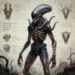 mutant horrific alien reproductive diagram, high detail, strange language, pictograms, dark fantasy, biological nightmare, scientific, hdr, 8 k, photorealistic, yasushi nirasawa moebius style