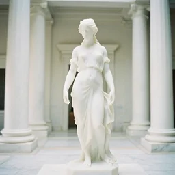 full body translucent marble statue of a young woman wearing an billowing dress, inside a white marble temple with colums, in the style of irakli nadar, soft lighting, film photography, high detail, not cropped