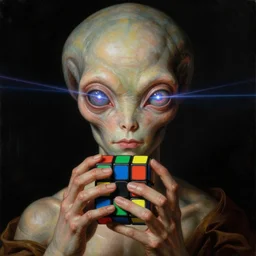 a baroque close - up portrait of a cosmic alien cyborg god, gripping a rubiks cube, with colorful laser eyes. black background. studio lighting, big eyes. highly detailed science fiction fantasy painting by norman rockwell, moebius, frank frazetta, syd mead, and sandro botticelli. high contrast. renaissance masterpiece. artstation.