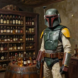 Boba Fett discovers a wine cellar full of food and schnapps, painting by Vladimir Volegov
