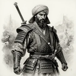 Kurdish samurai, detailed charcoal sketch, realistic, incredibly detailed, award winning art, cinematic, extremely high detail, concept art, 4k fantasy art, trending on artstation