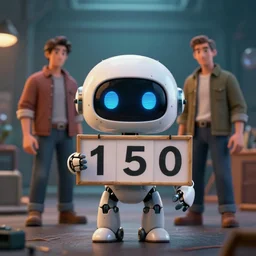 cute anthropomorphic robot holding sign saying'1 5 0 ', hdr, 4 k, cinematic, by jarlan perez and by jack viant
