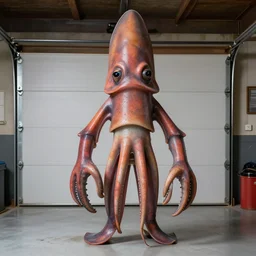 giant anthropomorphic squid standing in his garage, very detailed photo