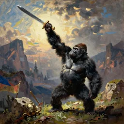 A gorilla thrusts a greatsword into the air triumphantly, medieval, oil painting, colorful pigments, stark