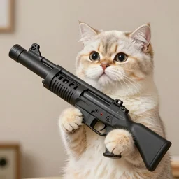 persian cat holding a bazooka gun, photo, 4 k, hyper realistic,