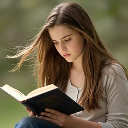 a girl reading a book, hair flowing down, by jeff bridges