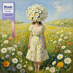 a surrealist painting of a woman standing in a field of flowers with daisies for a head by rhads, shutterstock contest winner, pop surrealism. made of flowers