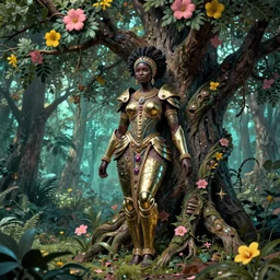 illustration neo - rococo cinematic super expressive! yoruba goddess with exoskeleton armor, merging with tree in a forest, pink yellow flowers, highly detailed digital art masterpiece, smooth etienne sandorfi eric zener dramatic pearlescent soft teal light, ground angle hd 8 k, sharp focus