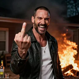 duke nukem drinking vodka, showing middle finger, laughing at his house being on fire, high quality, very detailed, a beautiful photo, national geographic quality