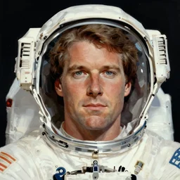 symmetrical!! portrait of nathan fillon the astronaut. close up. soft lighting, retro 8 0 s, realistic illustration, art by peter elson