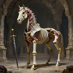 A colorful. A spiked detailed horse skeleton with armored joints stands in a large cavernous throne room with halberd in hand. Massive shoulderplates. Extremely high details, realistic, fantasy art, solo, masterpiece, bones, ripped flesh, art by Zdzisław Beksiński, Arthur Rackham, Dariusz Zawadzki, Harry Clarke