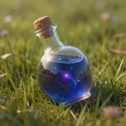 a celestial potion inside a glass vile laying in a field , Fantasy, objects highly detailed, unreal engine 5, trending on artstation-n4