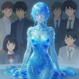 a woman made out of blue slime, semi transluscent, perfect art, trending on pixiv, painted by greg rutkowski makoto shinkai takashi takeuchi, akihiko yoshida