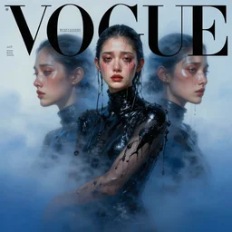 3 d, crying fashion model, deep blue fog, liquid black oil, morning, vogue cover style, poster art, high detail, intricate oil painting, multiple exposure, heaven mood, hyperrealism, 3 d, by tooth wu and wlop and beeple and greg rutkowski
