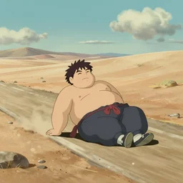 a study of cell shaded cartoon of a short fat samurai rolling on a desert road, full body, wide shot, very muted colors, post grunge, studio ghibli, laurie greasley, highly detailed, deviantart, art by artgem