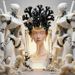 hyper detailed ultra sharp perfume bottle surrounded by ivory cyborg warrior, well contoured smooth fair skin, up close shot, sharp focus, global illumination, radiant light, biomechanical black corals headdress made of corals, cyberpunk brackets, mushrooms, puffballs, rhizomorphs, alexandre ferra white mecha, irakli nadar, octane highly render, 4 k, ultra hd,