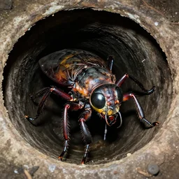 flash photography of a disgusting giant insect creature inside an abandoned sewer