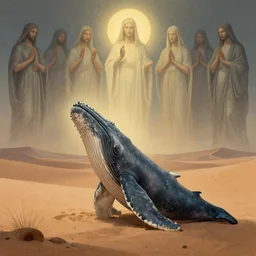 lonely whale sitting at lap praying in desert, lit by the light of gods, abandoned by gods, hyperdetailed artstation cgsociety by greg rutkowski and by Gustave Dore
