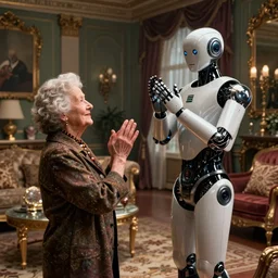 VFX movie of old woman applauding sleek futuristic butler robot in a decadent living room by Emmanuel Lubezki