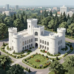 modern academy city castle in the forest behind a garden, huge, concept art, digital painting, style of jordan grimmer, warm lighting, futuristic, volumetric lighting, view from below, vivid colours, bright, daytime, godrays, high detail