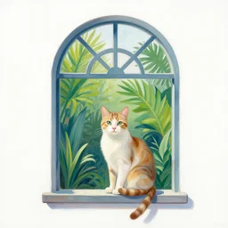 gouache painting of a cat and tropical plants sitting in an arched window, white background, in the style of fawa