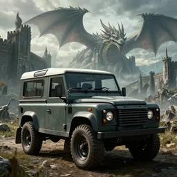 Land Rover Defender 110 (1985), an epic fantasy, dramatic lighting, cinematic, establishing shot, extremely high detail, photorealistic, cinematic lighting, artstation, by simon stalenhag, The Elder Scrolls V: Skyrim, Whiterun Hold, Dragonsreach distantly seen