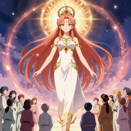 Key Anime Visual a 50 foot tall giant anime girl goddess surrounded by a group of worshippers, wlop