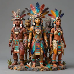 a sculpture of mythical creatures, made of colorful feathers, half aztec warrior, amazonian messenger of a new generation, hannah yata, visionaryart, shamanicart, concept art, award winning acrylic painting, ambient occlusion, vray render,