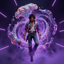 A Weirdcore Mesmerizing 8k hyperrealistic portrait of cyberpunk Jimi Hendrix, floating in spirals of iridescent mycelum, surrounded by purple haze, neon lines, by Ayami Kojima, Daytoner, Greg Tocchini, James Jean,Yoshitaka Amano