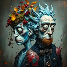 portrait of rick and morty with intricate detailed color smashing fluid oil paint and acrylic on the body, berries and dried moss and dried autumn leaves headdress, haunting, elite, elegant, melting wax, mycelia, abstract impressionism, ruan jia, dark fantasy, hyper detailed, concept art, by gustav klimt,