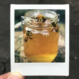 a polaroid of bees swarming a jar of honey