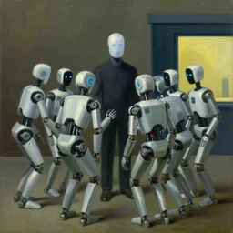 robots herding humans, human subjugation, mind control, dystopian, pj crook, edward hopper, oil on canvas