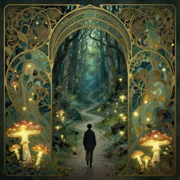 dear in an enchanted forest, intricate design, elegant, magical, art nouveau, environment art, film still, glowing mushrooms, trails, art by art by artgerm and greg rutkowski and ruan jia and peter polach