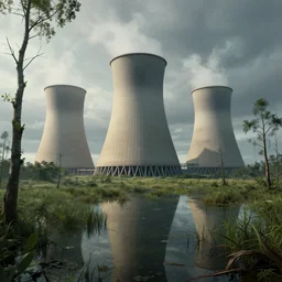 An overgrown nuclear power plant in a desolate swamp, award winning, digital art, artstation, unreal engine