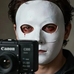 a masked man with bloodshot, soulless eyes stares in to the camera, 15mm, CANON Eos C300, very detailed, beautiful atmospheric lighting