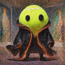 a tennis ball monster starring into the camera, fixed eyes, flowing black coat with glowing neon orange trim, inside a museum, colorful, surreal, dramatic lighting, face, detailed, intricate, elegant, highly detailed, digital painting, artstation, chalk, concept art, smooth, sharp focus, illustration, art by sam spratt, dan mumford, artem demura and alphonse mucha, basil gogos