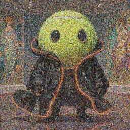a tennis ball monster starring into the camera, fixed eyes, flowing black coat with glowing neon orange trim, inside a museum, colorful, surreal, dramatic lighting, face, detailed, intricate, elegant, highly detailed, digital painting, artstation, chalk, concept art, smooth, sharp focus, illustration, art by sam spratt, dan mumford, artem demura and alphonse mucha, basil gogos