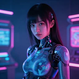 beautiful japanese cyborg with digital led skin, neon lighting, techno neon projector background, portrait photo, unreal engine 5, depth of field, bokeh