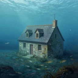 submerged underwater!!!! of the ocean, a typical european house with a slate roof, school of fishes, scenic view, matte painting by christophe vacher and hubert robert, trending on artstation