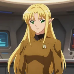 4K anime video of young attractive high-fantasy elf (blond) in a Starfleet uniform in Star Trek, scene where she is on Deep Space Nine, soft light, cinematic lighting, sharp, in the style of Fate/Unlimited Blade Works