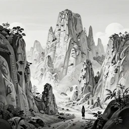 impressive fantasy landscape, pure b & w, engraving illustration, behance, masterpiece