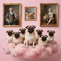 pugs heaven on pink clouds adopts the language of Rococo, reimagining the dynamism of works by eighteenth-century artists such as Giovanni Battista Tiepolo, François Boucher, Nicolas Lancret and Jean-Antoine Watteau through a filter of contemporary cultural references including film, food and consumerism