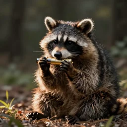 a raccoon playing a harmonica.