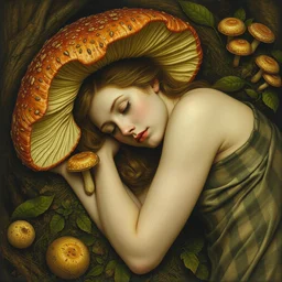 pretty sleeping woman with mushrooms as camouflage, by john everett millais