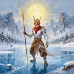 a beautiful oil painting of a chinese dragon with white scales about the ice lake, sun wukong holding a long golden stick stand on the ice lake, surrounded by snow mountains and heavy snow, cinematic shots, aftereffects, epic, game cg style, trending on artstation, wide view, cinematic light, 8 k