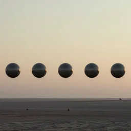 multiple spheres floating above the horizon, spread out horizontally, zdzislaw beksinski