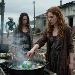 she makes the deep boil. dark fantasy story about two casually - dressed women in a dirty seaside town, a globster, and a beautiful song. color cinematic still from an action - packed 2 0 1 1 nuclear!! hybridizing alien - robot invasion science - fiction blockbuster movie ; highly - detailed.