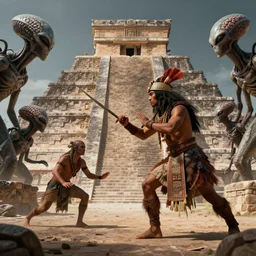 toltec shaman fighting with aliens brainsuckers near mayan pyramid, perfect faces, fine details, studio lighting, subtle shadows, art by katsuya terada, photorealism, hyper realism, octane render, hyper detailed, volumetric lighting, canon eos r 3, f / 1. 4, iso 2 0 0, 1 / 1 6 0 s, medium shot, 8 k, raw, unedited, in - frame,