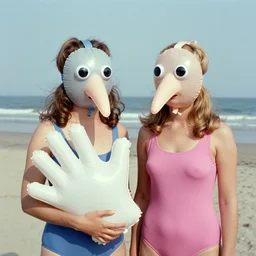 1969 twin women on tv show wearing an inflatable mask long prosthetic snout nose with googly eyes, soft color wearing a swimsuit at the beach 1969 color film 16mm holding a an inflatable hand Fellini John Waters Russ Meyer Doris Wishman old photo