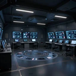 space room with computer interfaces on the floor, ceiling and walls, dimly illuminated by led lights, octane render, ray - tracing, 4 k, 3 3 mm